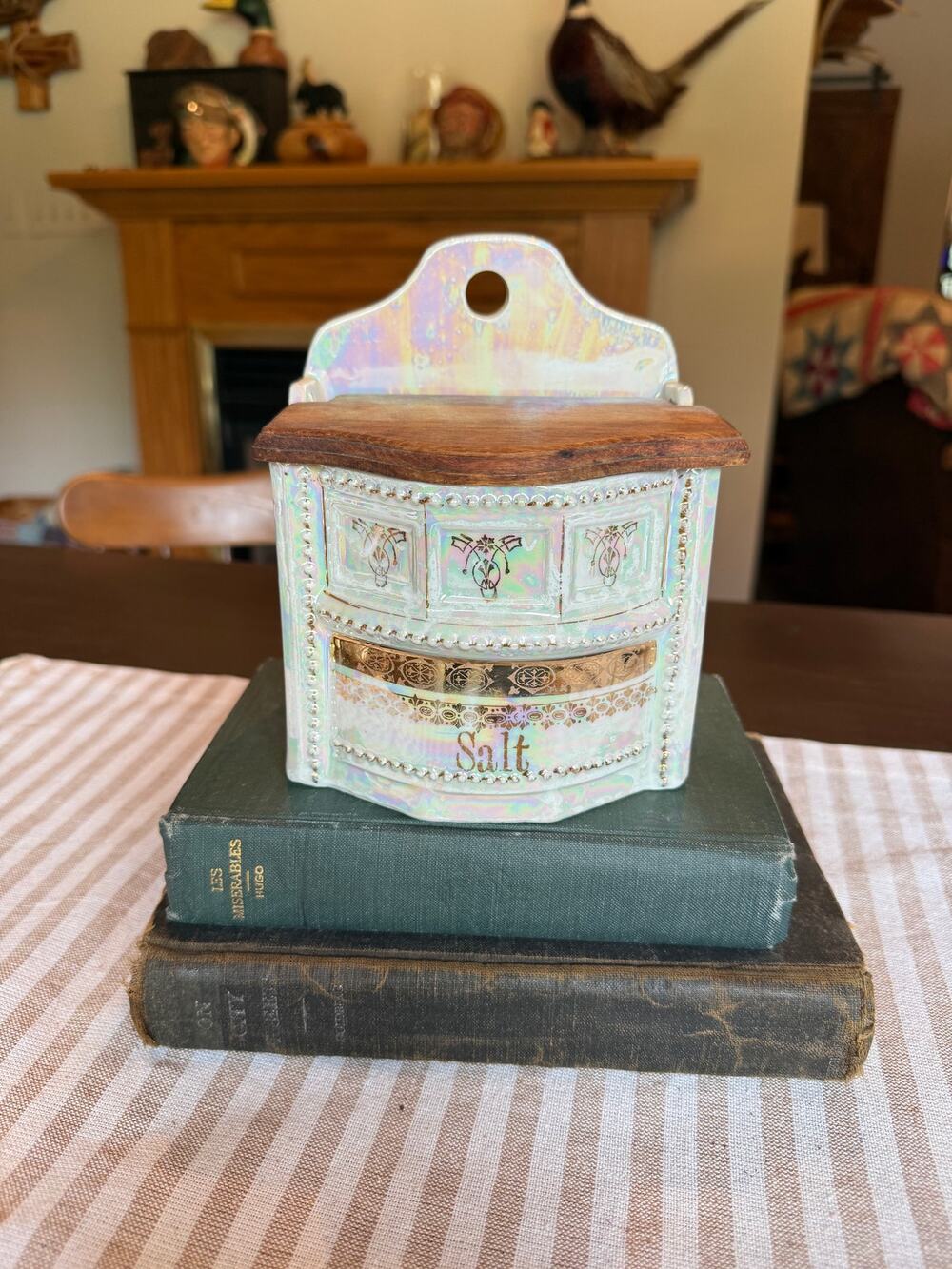 Vintage German 1930's Pearl Lusterware with gold accent Salt Box with wood lid